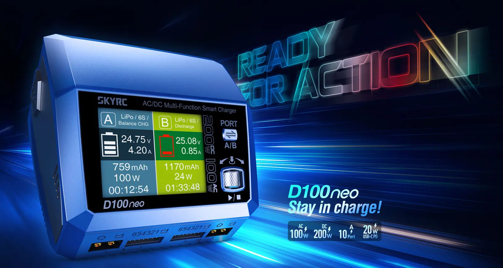 Розумне зарядне SkyRC D100neo SK-100199-01, LiPo LiHV LiFe Liion 1-6S, NiMh Pb, 2 канали, 200W 12A, 220V), зображення 6