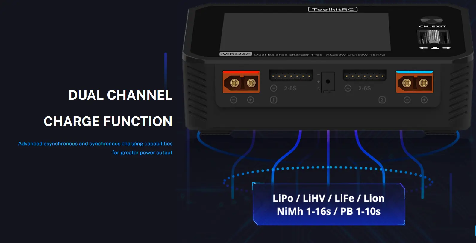 Розумне зарядне ToolkitRC M6DAC TK11500, LiPo LiHV LiFe Liion 1-6S, NiMh, Pb, 2 канали, 700W від 220В), зображення 9