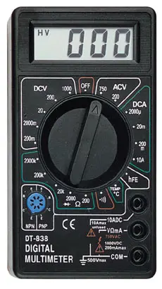 Тестер DT-838 ( Техническая характеристика мультиметра DT838: * Переменное напряжение: Диапазон Разрешающая способность Точность 200 V 0.1 V ±1.2%±10D 700 V 1 V ±1.2%±10D Измерение: измерение среднеквадратичного значения переменного напряжения синусоидальной формы. Диапазон рабочих частот: 45 - 450 Гц. Входное сопротивление 450Ком для переменного напряжения. * Постоянное напряжение: Диапазон Разрешающая способность Точность 200 mV 100 mkV ±0.5%±3D 2000 mV 1 mV ±0.5%±3D 20 V 10 mV ±0.5%±3D 200 V 0.1 V ±0.5%±3D 1000 V 1 V ±0.8%±5D Входное сопротивление 1Мом . * Сопротивление: Диапазон Разрешающая способность Точность 200 ом 0,1 ом ±1%±8D 2000 ом 1ом ±1%±2D 20 Ком 10 ом ±1%±2D 200 Ком 100 ом ±1%±2D 2000 Ком 1 Ком ±1%±2D Напряжение холостого хода приблизительно 2,8 В. * Постоянный ток: Диапазон Разрешающая способность Точность 2000 мкА 1 мкА ±1%±5D 20 мА 10 мкА ±1%±5D 200 мА 100 мкА ±1.2%±8D 10 А 10 мА ±2%±8D Защита от перегрузки: предохранитель 200мА/250В. Падение напряжения при измерении : 200мВ. * Измерение температуры: Диапазон Разрешающая способность Точность от -20Cº до +1000Cº 1 Сº ±3Cº±3D(до150Сº) ±3%(свыше150Сº) D-единица младшего разряда. * Диодный тест. * Измерение коэффициента усиления транзистора. * Звуковая прзвонка соединений) від батарейки.com.ua