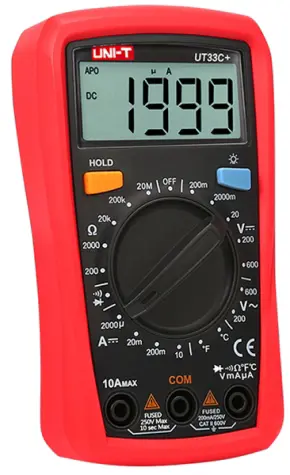 Тестер UT33C+ UNI-T (Техническая характеристика мультиметра UT33C+ : Мультиметр универсальный UNI-T UT33C+ — надежный,малогабаритный прибор, производства UNI-Trend. Предназначенный для измерения постоянного и переменного напряжения, постоянного тока, сопротивления, проверки диодов и целостности цепи, температуры.  * Переменное напряжение: Диапазон	Разрешающая способность	Точность 200 V	0.1 V	±1.2%±3D 600 V	1 V	±1.2%±3D Значение переменного напряжения является средним значением, калиброванным по среднеквадратичному значению синусоидальной волны. Диапазон рабочих частот: 40 - 400 Гц. Входное сопротивление 10 Moм для переменного напряжения.  * Постоянное напряжение: Диапазон	Разрешающая способность	Точность 200 mV	100 mkV	±0.7%±3D 2000 mV	1 mV	±0.5%±2D 20 V	10 mV	±0.7%±3D 200 V	0.1 V	±0.7%±3D 600 V	1 V	±0.7%±3D Входное сопротивление 10Мом .  * Сопротивление: Диапазон	Разрешающая способность	Точность 200 ом	0,1 ом	±1.0%±2D 2000 ом	1ом	±0.8%±2D 20 Ком	10 ом	±0.8%±2D 200 Ком	100 ом	±0.8%±2D 20 Mом	10 Ком	±1.2%±3D  * Постоянный ток: Диапазон	Разрешающая способность	Точность 2000 мкА	1 мкА	±1%±2D 20 мА	10 мкА	±1%±2D 200 мА	100 мкА	±1%±2D 10 А	10 мА	±1.2%±5D Защита от перегрузки: предохранитель 200мА/250В. Защита от перегрузки: предохранитель на пределе 10А: предохранитель 10А/250В.  * Измерение температуры: Диапазон	Разрешающая способность	Точность от -40Cº до 0Cº	1 Сº	±4Сº от 0º до +100Cº	1 Сº	±1%±4D от +100Cº до +1000Cº	1 Сº	±2%±4D  D-единица младшего разряда.  * Диодный тест.  * Звуковая прозвонка соединения.  * Подсветка дисплея.  * Фиксация результата измерения.  * Питание две батареи ААА 1,5 вольта) від батарейки.com.ua