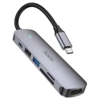 Хаб Type-C Hoco HB28 Type-C multi-function converter (HDTV+USB3.0+USB2.0+SD+TF+PD) Metal Grey), мініатюра зображення № 1