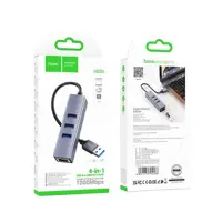 Хаб USB Hoco HB34 Гігабітний мережевий адаптер ( USB3.0*3+RJ45) 0,15m. Темно сірий