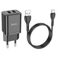 Мережеве зарядне HOCO N25 2USB 2,1A Black кабель Type-C), мініатюра зображення № 1