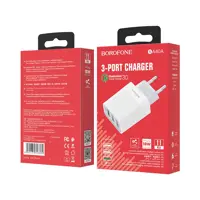 Мережеве Зарядне BOROFONE BA40A 3USB 3A QC3.0 18W white), мініатюра зображення № 1