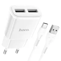 Мережеве зарядне HOCO C88A 2USB 2,4A кабель Type-C White), мініатюра зображення № 1