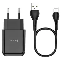 Мережеве зарядне HOCO N2 1USB 2,4A Black кабель Type-C), мініатюра зображення № 1