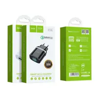 Мережеве Зарядне Hoco C12Q Smart 1USB 3A QC3.0 18W Чорний), мініатюра зображення № 1