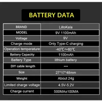 Акумулятор крона LiitoKala Li-Ion 9V 1100mAh, зарядка від USB Type-C), мініатюра зображення № 3