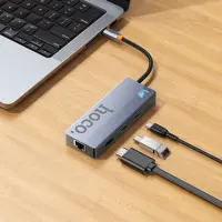 USB перехідник Hoco HB52 Wow 8-in-1 multi-function converter type-c to (HDTV+RJ45+SD/TF+PD+Type-C3.0+USB3.0*2) Grey), мініатюра зображення № 3