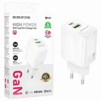 Зарядне BOROFONE BN29 GaN 1xType-C 1xUSB PD30W QC3.0 +кабель Type-C, біле), мініатюра зображення № 2
