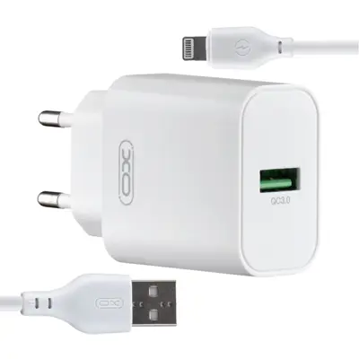 Мережеве зарядне XO L103 USB 3A QC3.0 18W кабель lightning white