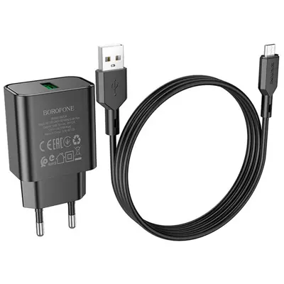 Мережеве зарядне BOROFONE BA72A 1USB 3A QC3.0 18W кабель micro usb чорний