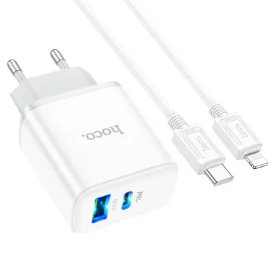 Мережеве Зарядне HOCO C105A 1Type-C, 1USB 3А QC3.0 PD20W кабель lightning white