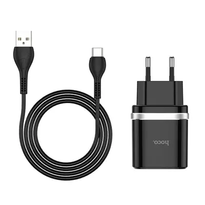 Мережеве Зарядне Hoco C12Q Smart 1USB 3A QC3.0 18W Black з кабелем Type-C