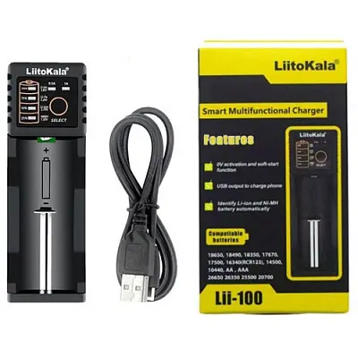 Зарядне LiitoKala Lii-100 для 1 елемента Ni-Mh, Li-Ion, Li-Fe, від USB +ПоверБанк