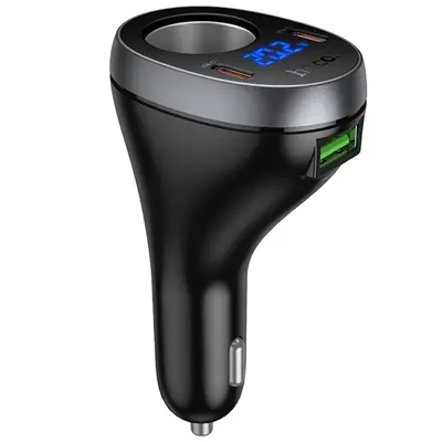Автомобільне зарядне Hoco Z61А PD30W 2xType-C, USB, слот прикурювача, дісплей, чорне