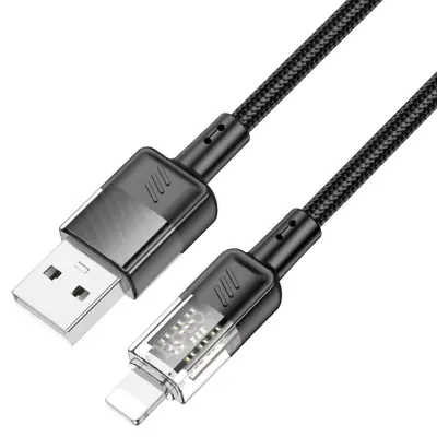 Кабель HOCO USB to Lightning U129 2,4A 1.2m чорний (U129 Spirit, USB to Lightning charging data cable, current up to 2.4A, nylon braid, length – 1.2m 1. USB to Lightning charging data cable. 2. Current up to 2.4A. 3. Suitable for tablets and phones charging. 4. Transparent connectors. 5. Wire outer sheath: nylon braid. 6. Connector housing: transparent plastic. 7. Length: 1.2m. Weight: 30g.)