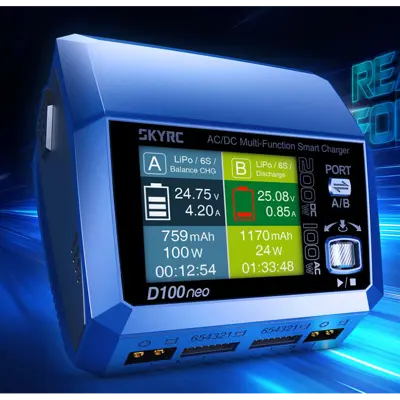 Розумне зарядне SkyRC D100neo SK-100199-01, LiPo LiHV LiFe Liion 1-6S, NiMh Pb, 2 канали, 200W 12A, 220V