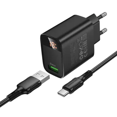 Зарядне BOROFONE BA95A 1USB QC3.0/3A LED display, з кабилем Type-C чорне
