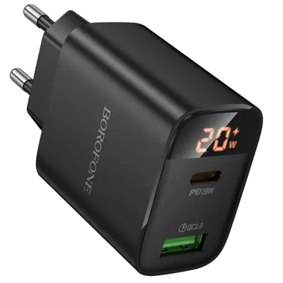 Зарядне BOROFONE BA96A Ilustre 1xUSB 1xType-C PD20W QC3.0, дісплей, чорне