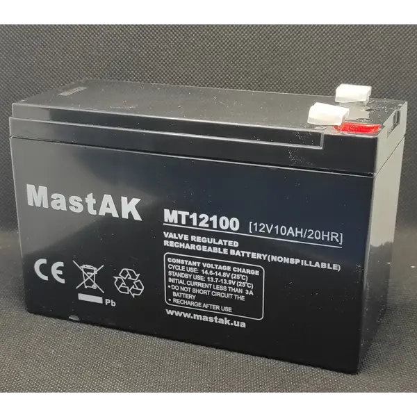 Акумулятор AGM Mastak MT12100 12V 10 A/год розміри 151х65х94, напруга 12В, ємність 10Ампер/годин.