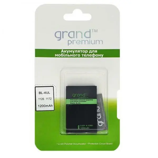 Акумулятор GRAND Premium Nokia BL-4UL  (тип Li-Ion; напруга 3,7V; ємність 1200 mAh; модель BL-4UL; сумісний з моделями телефонів :  Asha 220 4G, TA-1155, TA-1171, TA-1148, Asha 225, 225, RM-1011, RM-1012, RM-1043, Asha 230, RM-1172, RM-1171, 3310 (2017), 3310 3G, TA-1022, TA-1006, TA-1036, 3310 4G, TA-1077, TA-1030, 5310 (2020), TA-1230, TA-1212, 215 4G / TA-1284, TA-1281, TA-1272, TA-1264, 6310 Dual Sim (2021), 225 4G, TA-1321, TA-1296, TA-1279, TA-1276, TA-1282 ; гарантія: 1 рік) 