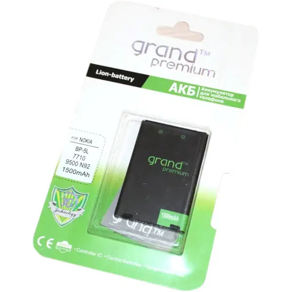 Акумулятор GRAND Premium Nokia BP-5L (тип Li-Ion; напруга 3,7V; ємність 1500 mAh; модель BP-5L; сумісний з моделями телефонів : 7700, 7710, 9500, E61, N800 Internet Tablet, N92 ; гарантія: 1 рік)