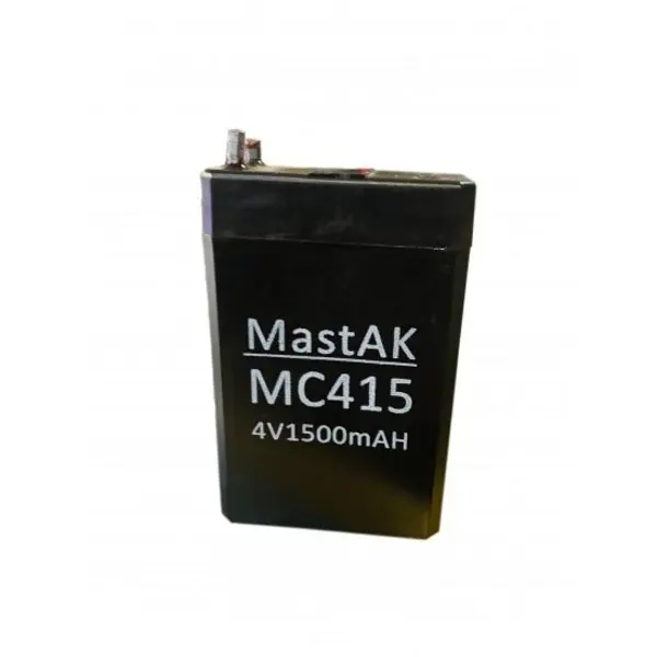 Акумулятор свинцевий для ліхтарика Mastak MС415 4V 1500mAh (розміри  23*50*76 мм, напруга 4В, ємність 1500 mAh. Створи розділ з характеристиками цього акумулятора.     Створи розділ про застосування акумулятора. Додай розділ про необхідність утилізації акумулятора.) від батарейки.com.ua