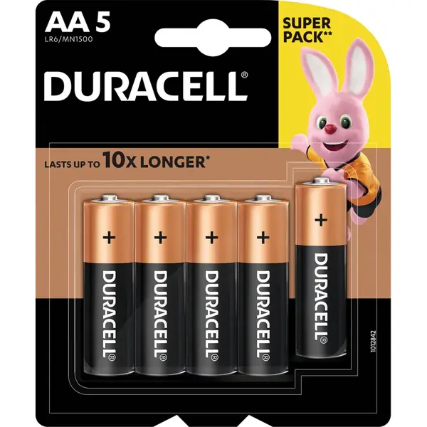 Батарейка DURACELL LR06 MN1500 1x5 шт. напроти білого фону упаковка вид спереду акумуляторна батарея 1.5V для побутовой техніки на сайті батарейки.com.ua