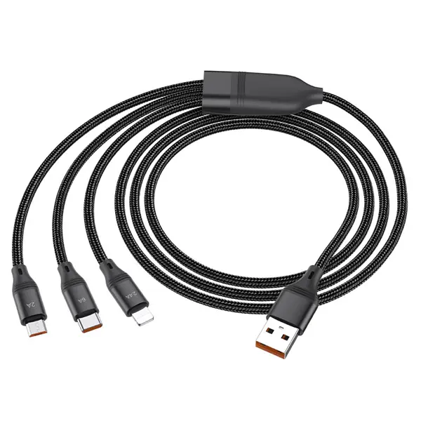 Кабель HOCO U104 USB - Micro+Lightning+Type-C 3-in-1 6A 1,2m Black від батарейки.com.ua