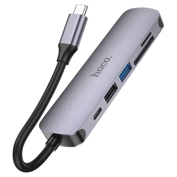 Хаб Type-C Hoco HB28 Type-C multi-function converter (HDTV+USB3.0+USB2.0+SD+TF+PD) Metal Grey від батарейки.com.ua