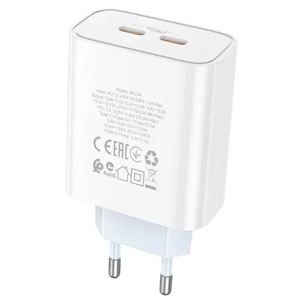 Зарядне BOROFONE BA73A 2xUSB-C PD35W білий від батарейки.com.ua