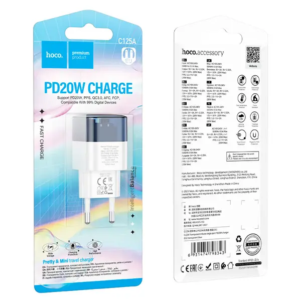 Зарядне Hoco C125A Type-C 3A PD20W QC Blue/White (підтримка швидкої зарядки PD20W / PPS / QC3.0 / FCP / AFC, Type-C – 5V / 3A, 9V / 2.22A, 12V / 1.67A – 20W max. PPS: 3.3 – 11V / 2A – 20W, розмір 73 × 30 × 34мм) від батарейки.com.ua