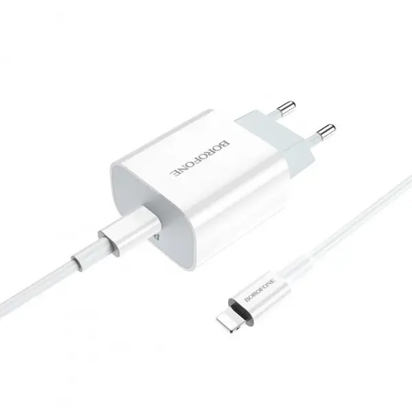 Мережеве Зарядне BOROFONE BA38A 1USB 3A QC3.0 PD20W white, з кабелем Lightning iPhone від батарейки.com.ua