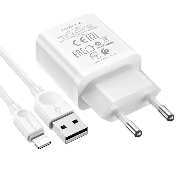 Зарядне BOROFONE BA52A Gamble 1USB 2.1A білий, з кабелем Lightning (Iphone) від батарейки.com.ua