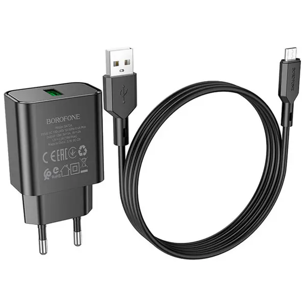 Зарядне BOROFONE BA72A 1USB 3A QC3.0 18W кабель micro usb чорний від батарейки.com.ua