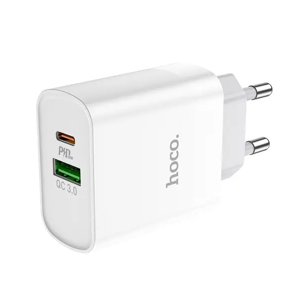 Зарядне HOCO 1USB 1Type-C PD18W QC3.0 3.1A білe (C80A Rapido PD + QC3.0 wall charger USB / Type-C output, EU plug, set with Type-C to Lightning or Type-C to Type-C cable 1. Output: USB: DC3.6V-6.5V / 3.0A, 6.6V-9V / 2.0A, 9.1V-12V / 1.5A, 18W. Type-C: 5V / 3A (PD), 9V / 2A (PD), 12V / 1.5A (PD), 18W. Total output: 5V / 3.1A max. 2. EU plug. Flame retardant PC material. 3. Support for PD3.0, QC3.0 / QC2.0, for Huawei fast charge FCP, for Samsung fast charge AFC and other fast charge solutions. 4. Set with Type-C to Lightning PD or Type-C to Type-C PD cable 1m. 5. Sizes: 85 * 46 * 25mm, single charger weight: 46g, set with cable weight: 72g.) від батарейки.com.ua