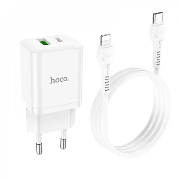 Зарядне HOCO N28 1Type-C, 1USB 3A PD20W QC + кабель Type-C - lightning білий від батарейки.com.ua