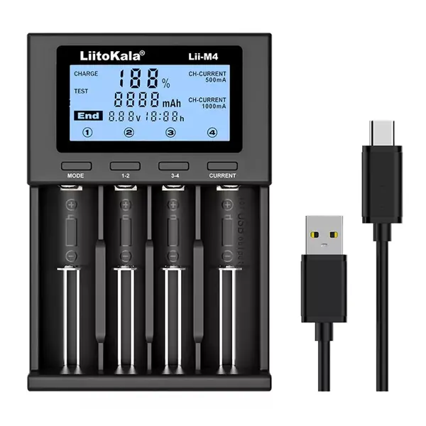 Зарядне LitoKala Lii-M4 1-4 елементів для 10440-26650 Ni-Mh, Li-Ion, Li-Fe від USB-С + ПаверБанк (тест ємності, функція розряду) від батарейки.com.ua