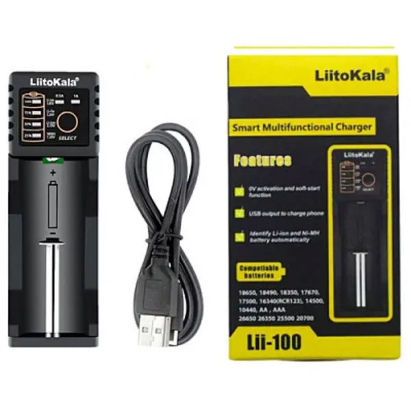 Зарядне LiitoKala Lii-100 для 1 елемента Ni-Mh, Li-Ion, Li-Fe, від USB +ПоверБанк