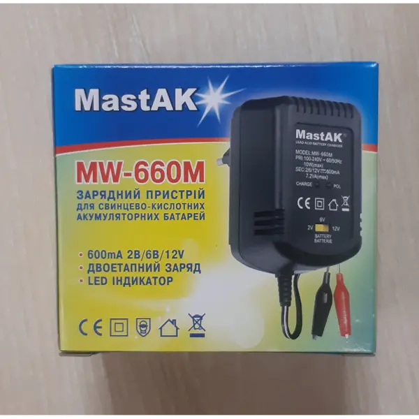 Зарядне MASTAK MW-660M для AGM, GEL акумуляторів 2V, 6V, 12V 600mA (напруга акумуляторів 2В 6В 12В, індикатор, ємність акумулятора 12 Аг максимальний, перемикач напруги, крокодили) від батарейки.com.ua