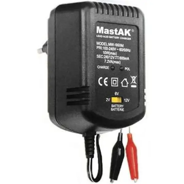 Зарядне MASTAK MW-660M для AGM, GEL акумуляторів 2V, 6V, 12V 600mA (напруга акумуляторів 2В 6В 12В, індикатор, ємність акумулятора 12 Аг максимальний, перемикач напруги, крокодили) від батарейки.com.ua