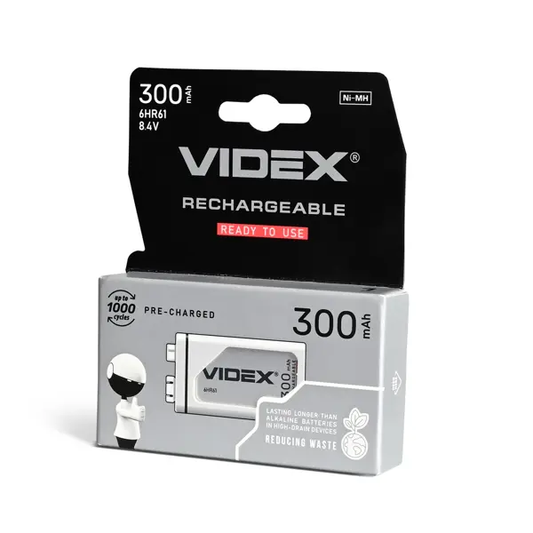 Акумулятор крона VIDEX 6HR61 9V Ni-Mh 300mAh 1bl  від батарейки.com.ua