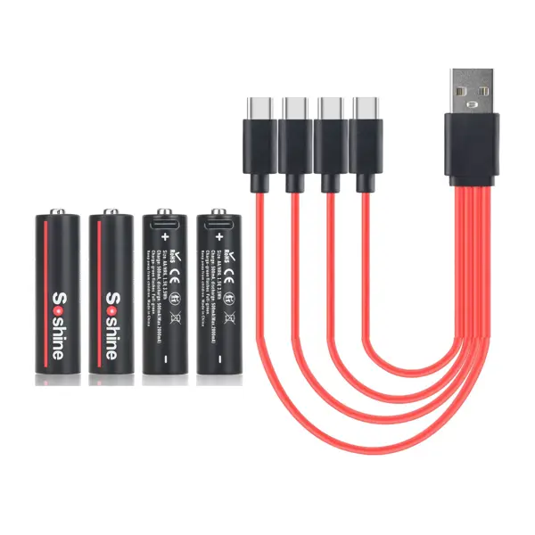 акумулятор Soshine R6 AA USB-1.5-3500 1,5V 3500mWh Li-Ion, зарядка від Type-С (1.5V USB AA Lithium ion 3500mWh Rechargeable Battery System: Li-ion battery Type: AA Capacity: 3500mWh Voltage: 1.5V Maximum discharge current: 2A Temperature: -40℃~60℃ Dimension: 14x50mm (0.55x1.97in) Weight: 18g（0.64oz）  SAVE MONEY:  AA Li-ion Batteries:  high energy density li-ion cell with low self-discharge rate, and 1200 times long cycle life, no memory effects, idea for the household devices like toy, electronic locks, cameras, flashlight. Reuse the batteries repeatedly. Be eco-friendlier and more cost-effective. High Performance AA Li-ion Batteries: 3500mWh 1.5V USB li-ion AA battery with high capacity, provide steady voltage 1.5V until the whole cell is depleted, long lasting in the devices. Very low self-discharge, you can store for a long time.  EASY CHARGING: You can charge 4 batteries just plug any USB port (5V2A) to charge four batteries at once full charge 4 batteries in 2 hours with included 4 in 1 cable.  Build-in LED light shows the charging process, Green light flashing on means charging, Green light is always on means fully charged.   Protected AA Lithium Batteries:  Designed for a safe operation with PCB protected chip, supports multiple safety features.   NOTE:  Please charge fully before use, as we only charge the batteries to 20% for shipping safety purpose. Batteries will reach top performance after 3-5 times fully charge cycles. These batteries CAN NOT be used for constantly high current draw products, the batteries will auto shut off if the discharge current higher than 2A because of over-current protection.) від батарейки.com.ua