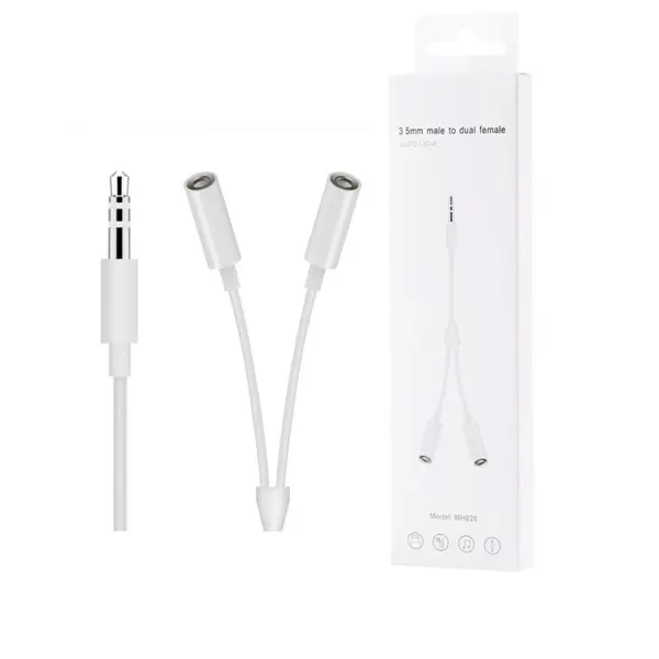 Аудіо перехідник MH028 AUX Jack 3,5 Male to 2AUX Female-Jack  White Box від батарейки.com.ua