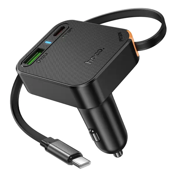 Автомобільне зарядне Hoco NZ18 2xType-C 1xUSB PD65W чорне (NZ18 Guardian PD65W (2C1A) car charger with retractable cable  1. Material: fireproof PC 2. Output: USB-C1 cable: 30 W (PD/QC/FCC/AFC); USB-C2: 35 W (PD/QC/FCP/AFC); USB-A: 18 W (QC/FCP/AFC); USB-C1 + USB-C2/USB-A cable = 30 W + 35 W / 18 W; USB-C2 + USB-A = 5 V / 3 A; USB-C1 + (USB-C2 + USB-A) cable = 30 W + 15 W 3. Length * diameter: 81 * 56 * 48 mm, weight: 65 g, extension length: 65 cm) від батарейки.com.ua