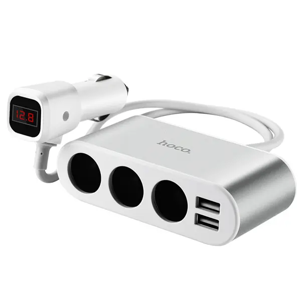 Автомобільне зарядне HOCO Z13 3 гнізда прикурювача, 2USB, 2,1A, LCD (Z13 3-in-1 car charger durable aluminum alloy shell 55cm cable multiple circuit protection universal in-car cigarette lighter port charging adapter 1. Material: ABS+PC flame retardant material, aluminum alloy shell. 2. Weight: 160g. Cable length: 55cm. 3. Input: DC12V-24V. 4. Output: dual USB output: 5V/2.1A, cigarette lighter output: 12-24V/1-12A. 5. Overcurrent and overvoltage protections for the circuit. 6. Characteristic: LED digital display of charging voltage.) від батарейки.com.ua