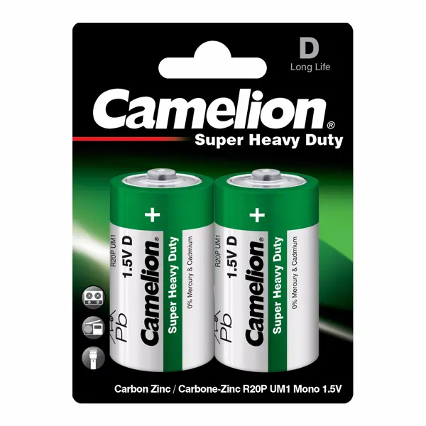 Кругла батарейка CAMELION R20 в упаковці 2 шт. (зелена) на <a href='https://xn--80aabspfh9bq.com.ua/'>батарейки.com.ua</a>