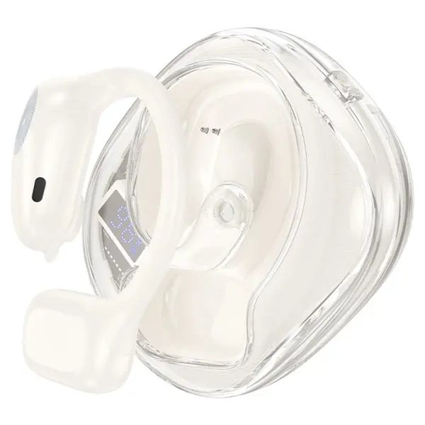bluetooth навушники TWS HOCO EA3 Talent ear-hook BT5.3 White (EA3 Talent, TWS headset, BT v5.3, charging case battery 500mAh, headset battery 90mAh, 10 hours of use and 360 hours of standby, open ears design 1. BT version: v5.3. Chip: JL7003D4. 2. Supported protocols: Headset, Hands-free, A2DP, AVRCP. 3. Transmission distance: 10m. 4. Transmission frequency: 2.4Hz. 5. Speaker unit: 16.2mm. 6. Impedance: 16Ω ± 15%. 7. Frequency response: 20-20000Hz. 8. Sensitivity: 98dB ± 3dB. 9. Battery capacity: charging case 500mAh, headset 90mAh. 10. Charging case input: DC5V, Type-C. 11. Charging time: about 2 hours for charging case, about 1.5 hour for headset. 12. Talk / music time: 10 hours (80% volume). Standby time: 360 hours. 13. LED digital display of power level. 14. Open wearable stereo – OWS. Ear-hook design. 15 Supports leader-follower switching, voice assistant activation, songs switching, songs play / pause. 16. Headset automatically turns on when taken out from the charging case, automatic pairing. Headset automatically turns off when placed into the charging case. 17. Battery display: supports for Apple phones and some Android phones. 18. Sizes: 75.5 × 64.5 × 42mm. 19. Total weight: 85.6g. Single earbud weight: 11.5g.) від батарейки.com.ua