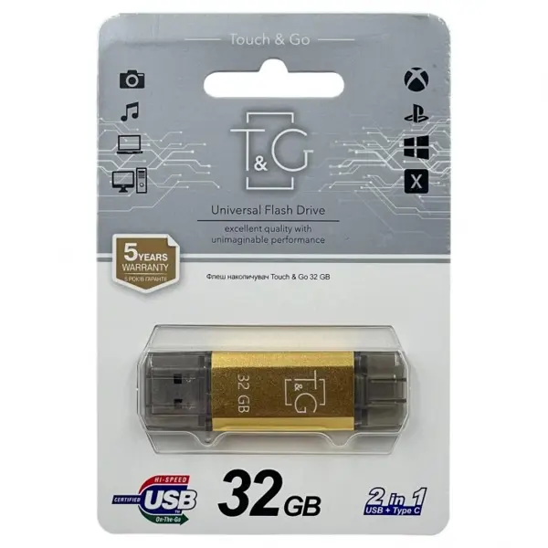 флеш-драйв T&G 009 32GB USB+Type-C 2.0 Star золото від батарейки.com.ua